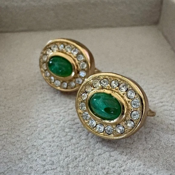 Dior Gold-Tone Earrings with Green Cabochons and Clear Crystals - Picture 5 of 6